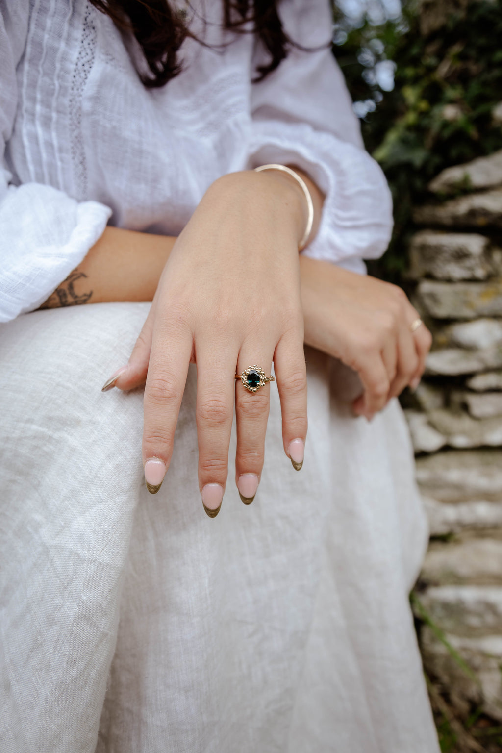 Oval Beaded Cluster Ring with Blue Sapphire
