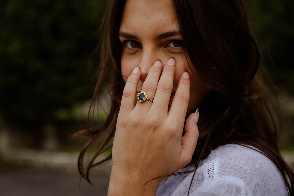 Oval Beaded Cluster Ring with Blue Sapphire